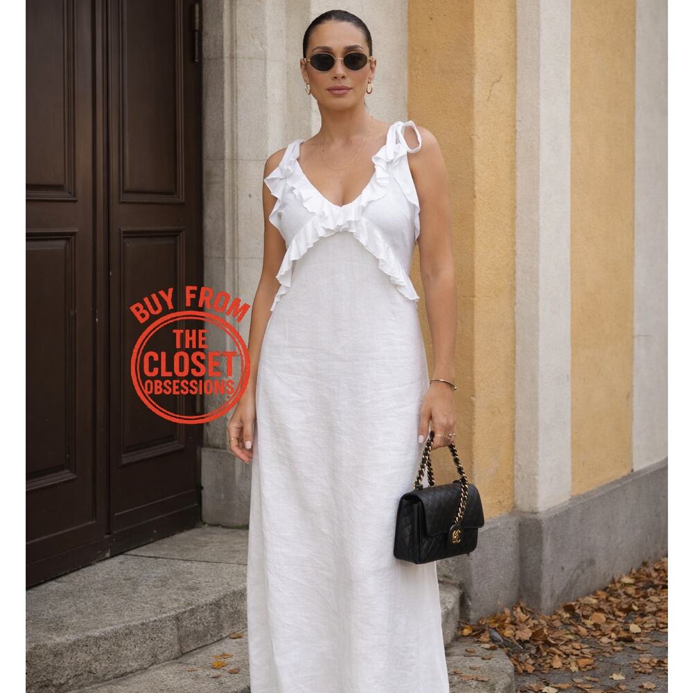 ZARA Blogger Fave White Linen Blend Ruffle Midi Dress NWT